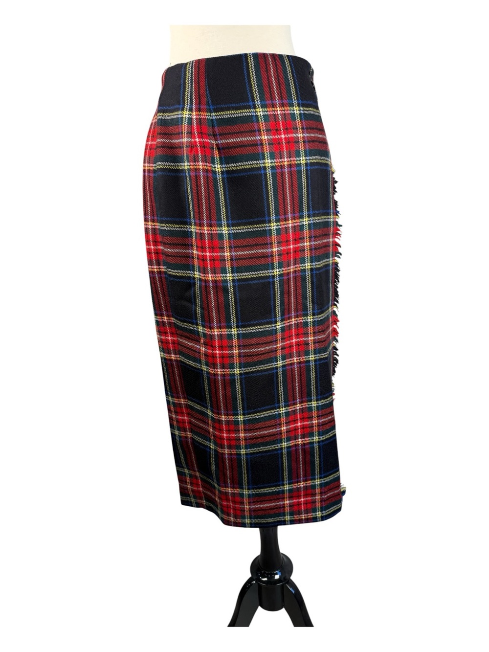 Vintage Rafaella Women's Pencil Plaid 100% Worsted Wool Fringed Midi Skirt Sz 6